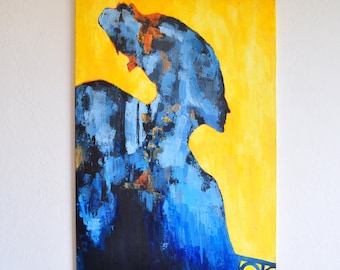 Large Abstract Contemporary FIGURATIVE Painting On Canvas, Modern Wall Art Painting-Handmade Original Wall Decor Art-Yellow, Orange, Blue