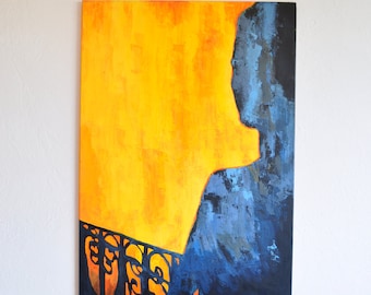 Large Abstract Contemporary FIGURATIVE Painting On Canvas, Modern Wall Art Painting-Handmade Original Wall Decor Art-Yellow, Orange, Blue