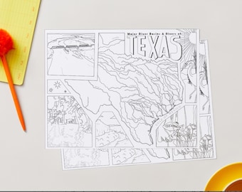 Texas Rivers Coloring Page - 8.5x11" - Digital Download - Geography - Lesson Plans - Learning