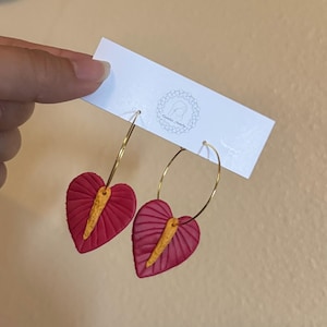 Polymer Clay Anthurium Hoops, 14k GF Hoops, Hawai’i Inspired Handmade Anthuriums