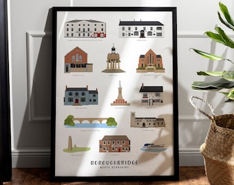 Boroughbridge Landmarks Digitally Illustrated Unframed Print, North Yorkshire Gift