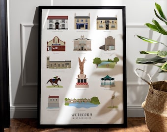 Wetherby Illustrated Landmarks, West Yorkshire Unframed Print, Yorkshire Gift
