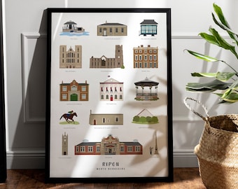 Ripon Illustrated Landmarks, North Yorkshire A3 Print, Yorkshire Gift