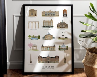 Harrogate Landmarks Art Print: Yorkshire Gift, Illustrated Town Map