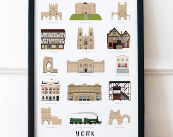Illustrated Landmarks of York print, York Gift