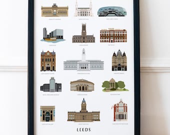 Leeds Illustrated Landmarks, West Yorkshire Unframed Print, Yorkshire Gift