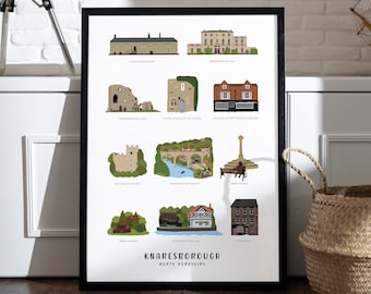 Knaresborough Illustrated Landmarks, North Yorkshire A3 Print, Yorkshire Gift