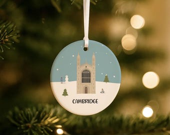 Personalised Cambridge Ceramic Christmas Ornament: Kings College Chapel Winter Scene