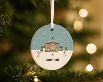 Personalised Harrogate Christmas Ceramic Hanging Decoration: Royal Pump Room Art Gift