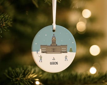 Personalised Leeds Town Hall Ceramic Christmas Hanging Decoration