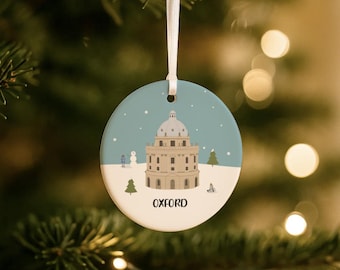 Personalised Oxford Ceramic Christmas Ornament: Bodleian Library Winter Scene