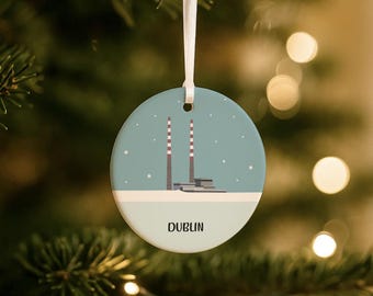 Personalised Dublin Ceramic Christmas Hanging Decoration Bauble | Poolbeg Towers | Dublin art gift