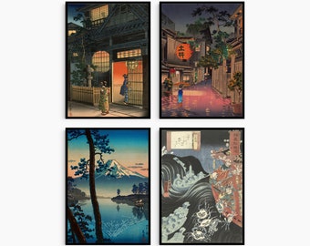 Japanese Vintage Traditional Art Set Of 4 Ukiyo-E Poster Prints Watercolour Painting Collection Unframed Prints Only | Wall Art Room Decor