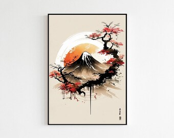 Japanese Vintage Style Art Painting Landscape Scenery | Japan Designs Poster Prints | Nature-inspired Mountain Wall Art Room Decor