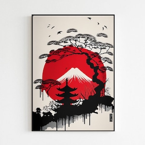 Japanische Vintage-Stil Kunst Aquarell Natur-inspirierte Malerei Landschaft | Ästhetische Japan Designs Poster | Wandkunst Raumdekor