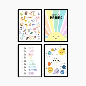 Kids Nursery Educational and Positive Affirmations Set Of 4 Solar System Animal Alphabet Poster Prints Only / Decoración del dormitorio de los niños /