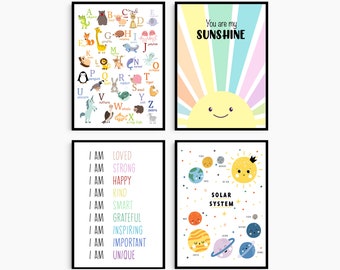 Kids Nursery Educational and Positive Affirmations Set Of 4 Solar System Animal Alphabet Poster Prints Only / Decoración del dormitorio de los niños /