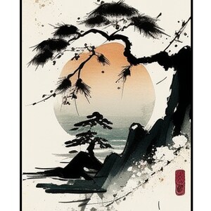 Japanese Mountain Scene Art Print | Bonsai Tree Painting | Minimalistic Japanese Aesthetic Decoration | Asian Sunset Lake Wall Art image 6