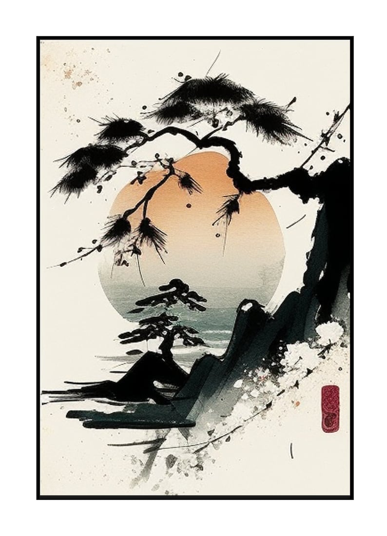 Japanese Mountain Scene Art Print | Bonsai Tree Painting | Minimalistic Japanese Aesthetic Decoration | Asian Sunset Lake Wall Art image 6