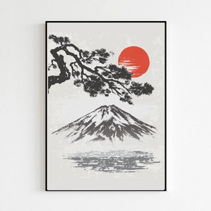 Japanese Vintage Style Art Watercolour Painting Brush Mountain and Sun Gift Print Only | Japan Designs Poster Prints | Wall Art Room Decor