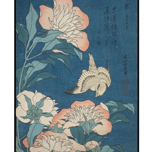 Japanese Vintage Style Art Peonies Flowers Floral And Bird Katsushika Hokusai Unframed Print Japan Poster Prints Wall Art Room Decor image 2