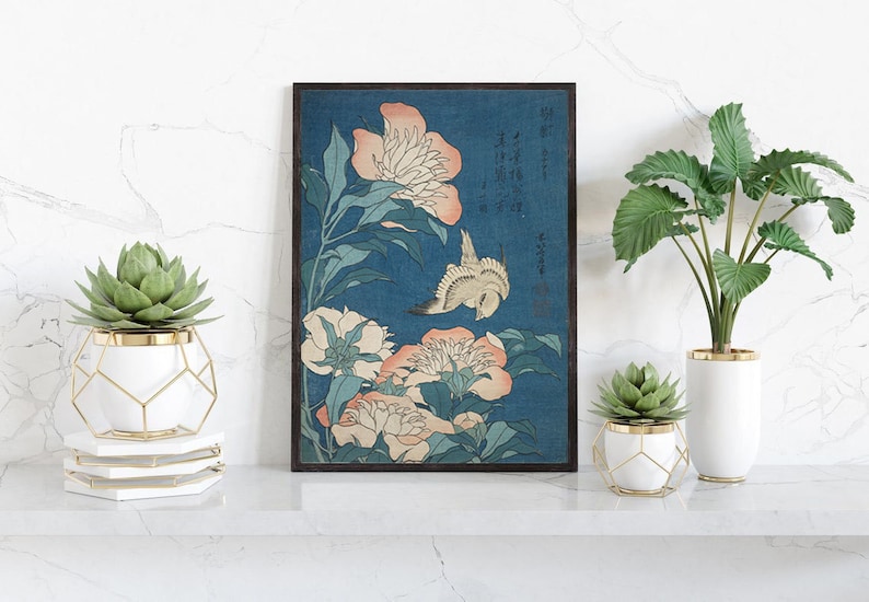 Japanese Vintage Style Art Peonies Flowers Floral And Bird Katsushika Hokusai Unframed Print Japan Poster Prints Wall Art Room Decor image 5