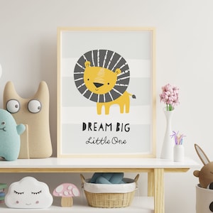 Kids Nursery Wall Art Cute Lion Jungle Animal Dream Big Poster Prints Only / Children's Bedroom Decor / Colorful Fun Educational Posters