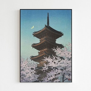 Japanese Vintage Style Art Japanese Tower & Moon With Cherry Blossoms Ukiyo-E Gift Print Only | Japan Poster Prints | Wall Art Room Decor