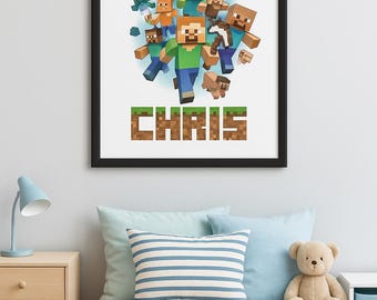 Gepersonaliseerde Minecraft-naammuurkunst voor kinderen | Klimplant en personages afdrukken | Gamer Room Decor, de ultieme ruimte met Minecraft-thema