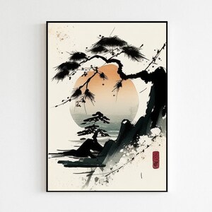 Japanese Mountain Scene Art Print | Bonsai Tree Painting | Minimalistic Japanese Aesthetic Decoration | Asian Sunset Lake Wall Art image 1
