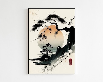 Japanese Mountain Scene Art Print | Bonsai Tree Painting | Minimalistic Japanese Aesthetic Decoration | Asian Sunset Lake Wall Art
