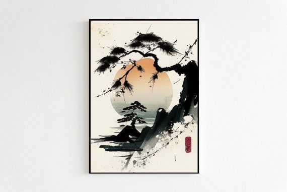 Japanese Mountain Scene Art Print | Bonsai Tree Painting | Minimalistic Japanese Aesthetic Decoration | Asian Sunset Lake Wall Art
