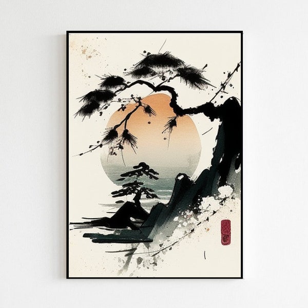Japanischer Berg Motiv Kunstdruck | Bonsai Baum Malerei | Minimalistische japanische ästhetische Dekoration | Asiatische Sonnenuntergang See Wandkunst