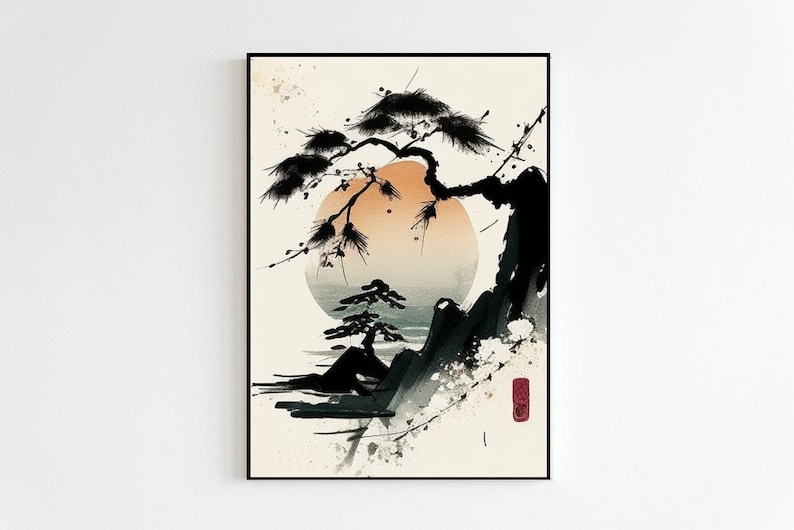 Japanese Mountain Scene Art Print | Bonsai Tree Painting | Minimalistic Japanese Aesthetic Decoration | Asian Sunset Lake Wall Art image 1