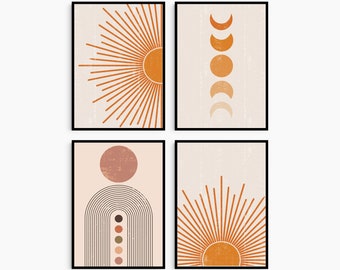 Boho Abstract Wall Art Prints Set Of 4 Wall Prints Posters Collection Unframed Prints Only | Modern Wall Art Living Room Bedroom Decor