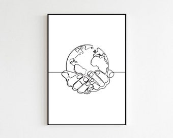 Mundo en manos Imprimir solo Decoración casera simple Una línea Dibujo Imprimir Boceto Arte minimalista Arte Arte moderno Galería de arte Impresiones murales Collage Wall