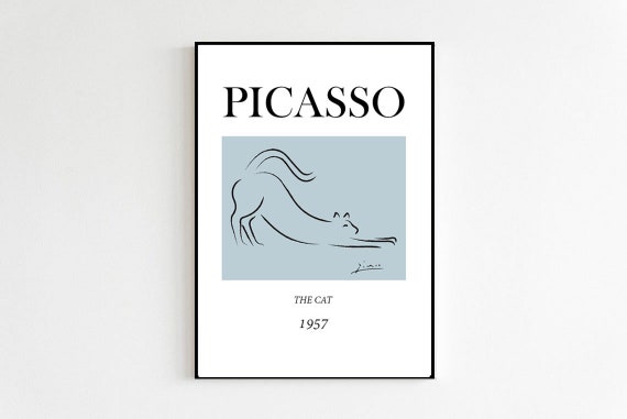 Picasso Minimalists Line Art Cat Poster Print Only | Stretching Cat Vintage Line Drawing | Blue or Green | Aesthetic Wall Art Kitchen Art