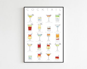 Cocktails Poster Classic Cocktails Print With Cocktail Recipes, Cocktails Art Cocktail Gifts Cocktail Guide Cocktail Menu Bar Kitchen Poster