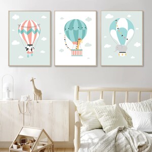 Bambini Nursery Animals Air Balloons Set Di 3 Panda Giraffe Elephant Poster Stampe Solo Decorazione della camera da letto dei bambini Poster colorato divertente avventura