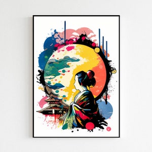 Japanese Art Print | Colourful Aesthetic Asian Poster | Landscape Scenery with Traditional Woman