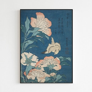 Arte Vintage Japonés Peonías Flores Floral y Pájaro Katsushika Hokusai Impresión Sin Marco / Impresiones de Póster de Japón / Decoración de la Sala de Arte de pared