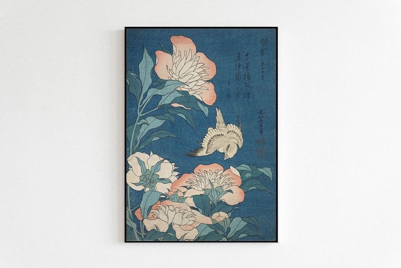 Japanese Vintage Style Art Peonies Flowers Floral And Bird Katsushika Hokusai Unframed Print Japan Poster Prints Wall Art Room Decor image 1