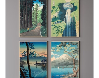 May include: Four framed prints of Japanese woodblock prints. The prints depict a forest scene, a waterfall, and two different views of Mount Fuji.