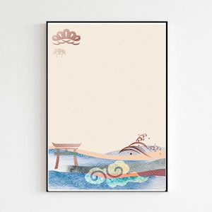 Japanese Vintage Style Art Watercolour Pattern Torii Gate & Ocean Waves Gift | Print Only | Japan Design Poster Prints | Wall Art Room Decor
