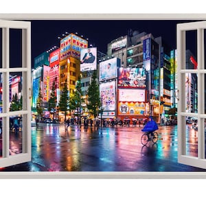 3D Fake Window View Japan Tokyo City At Night Wall Sticker Mural Art Decal for Home Living Room Bedroom Decor - Tokyo Shibuya Neon Night