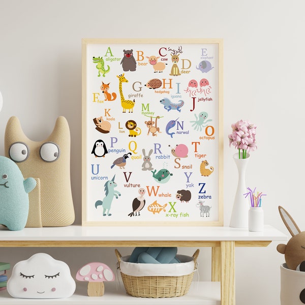 Kids Nursery Educational Animal Alphabet Poster Prints Only | Children's Bedroom Decor | Colourful Fun Educational Posters
