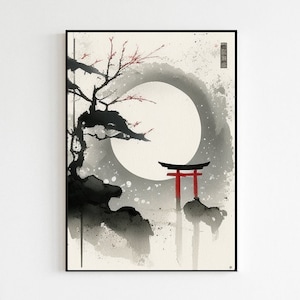 Traditional Japanese Nature | Landscape Wall Art | Full Moon Japanese Aesthetic | Perfect for Living Room or Bedroom Decoration