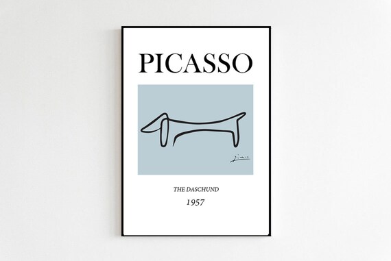 Picasso Minimalists Line Art Dog Poster Print Only | The Daschund Vintage Line Drawing | Blue or Green | Aesthetic Wall Art Kitchen Art