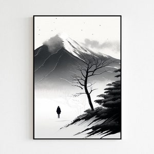 Japanese Landscape Wall Art | B+W Traditional Statement Art | Minimalist Japanese Aesthetic Poster | High-Quality Art Print for Decoration