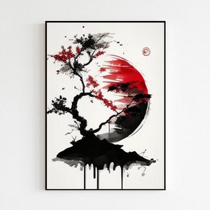 Japanische ästhetische Kunst im Vintage-Stil | Aquarell Malerei Sonne und Baum | Minimalistische Japan Designs Poster Drucke | Wand Kunst Dekor